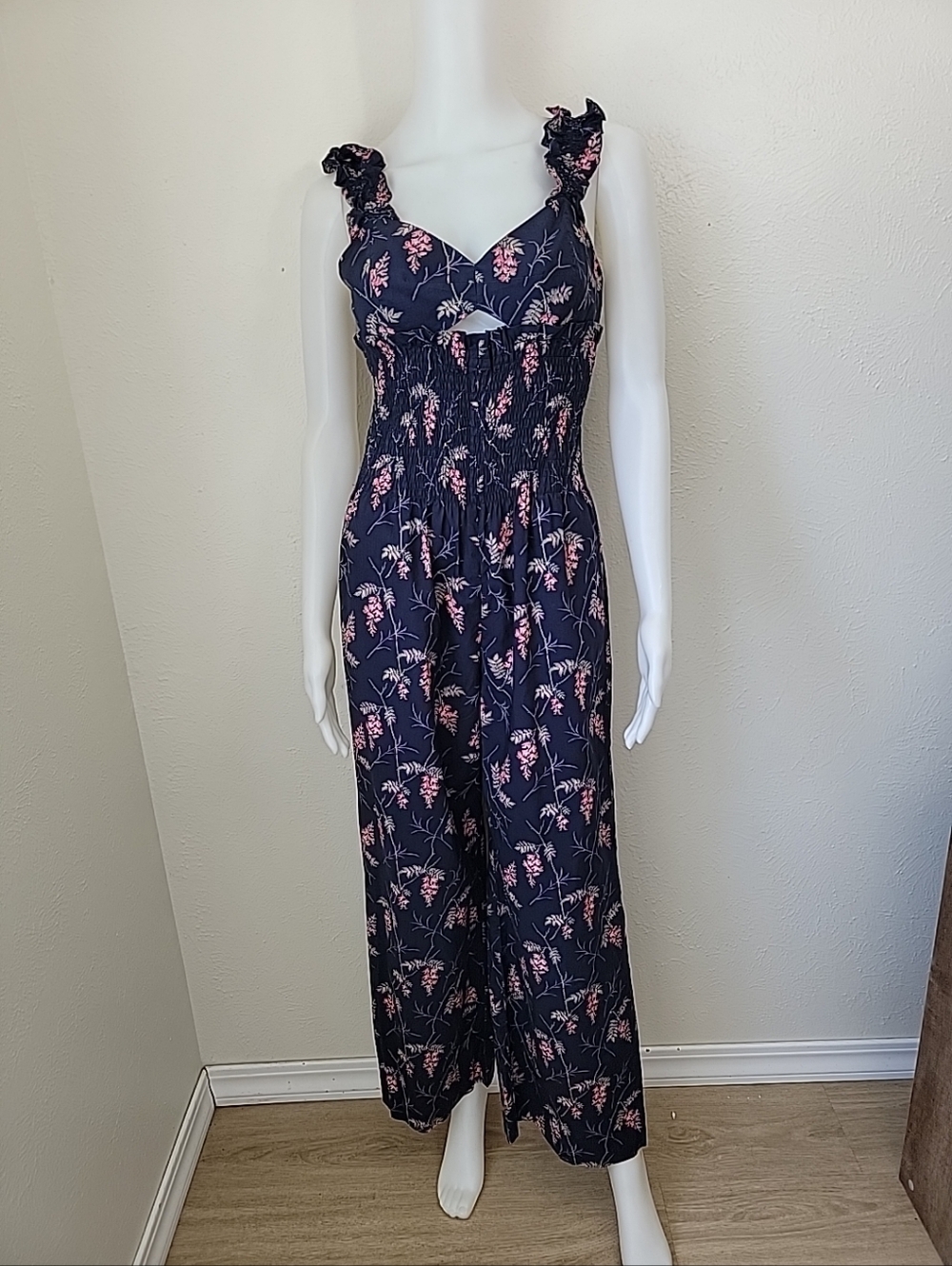 Rebecca Taylor Navy and Pink Floral Smocked Jumpsuit